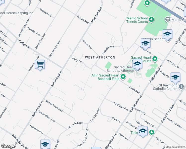 map of restaurants, bars, coffee shops, grocery stores, and more near 39 Faxon Road in Atherton