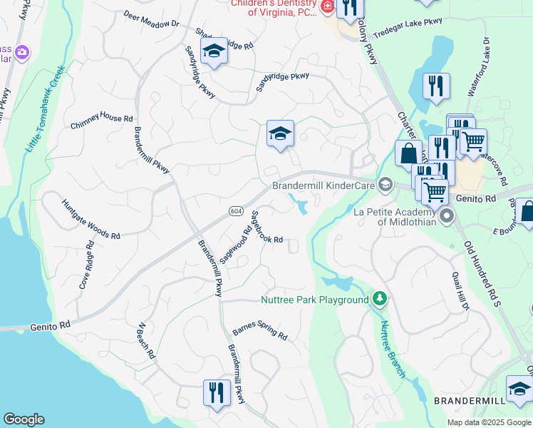 map of restaurants, bars, coffee shops, grocery stores, and more near 2902 Sagecreek Circle in Midlothian