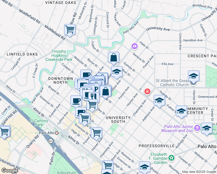 map of restaurants, bars, coffee shops, grocery stores, and more near 530 Webster Street in Palo Alto