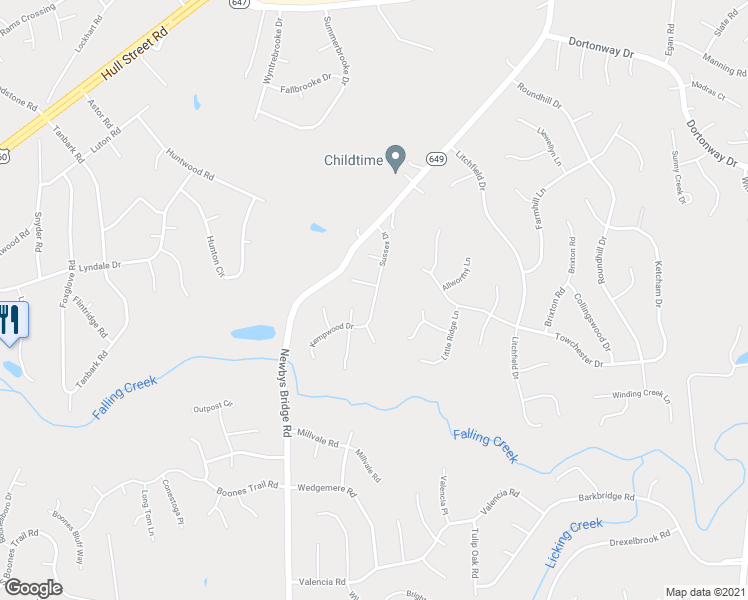 map of restaurants, bars, coffee shops, grocery stores, and more near 4108 Sussex Drive in Chesterfield