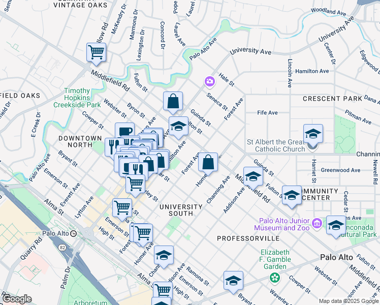 map of restaurants, bars, coffee shops, grocery stores, and more near 643 Forest Avenue in Palo Alto