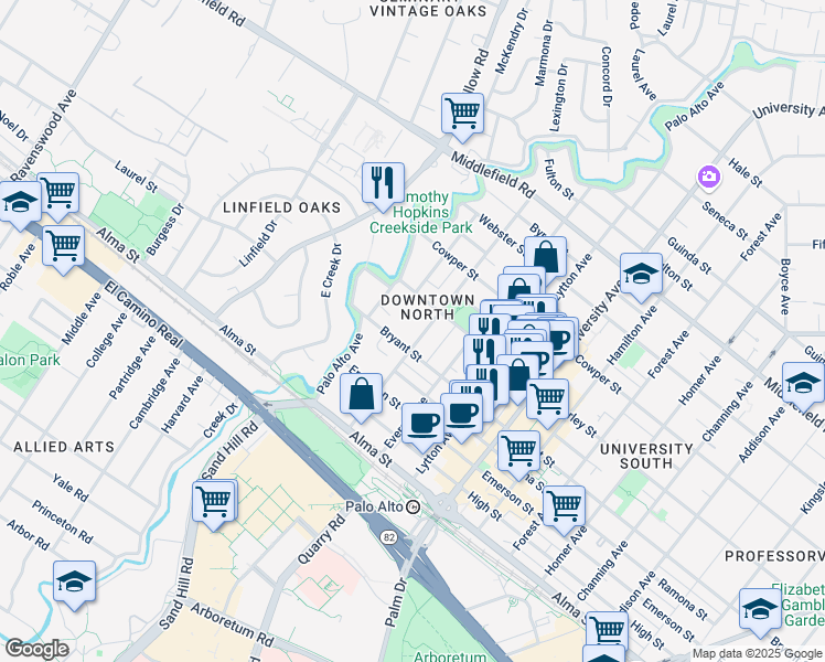 map of restaurants, bars, coffee shops, grocery stores, and more near 325 Hawthorne Avenue in Palo Alto