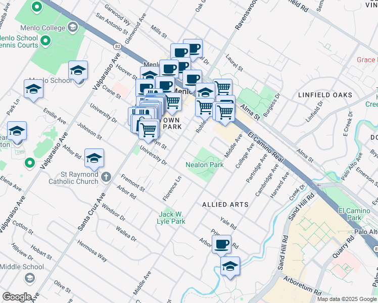 map of restaurants, bars, coffee shops, grocery stores, and more near 844 Roble Avenue in Menlo Park