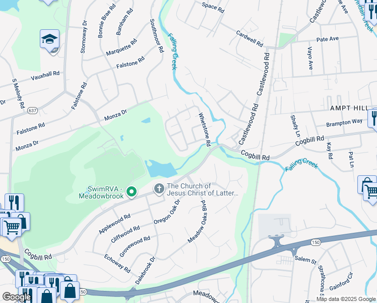 map of restaurants, bars, coffee shops, grocery stores, and more near 4811 Whetstone Road in Richmond
