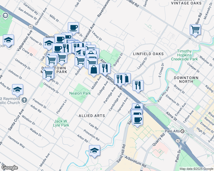 map of restaurants, bars, coffee shops, grocery stores, and more near 631 College Avenue in Menlo Park