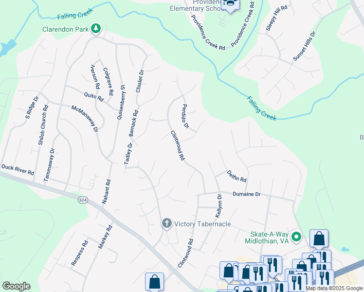 map of restaurants, bars, coffee shops, grocery stores, and more near 11441 Gravier Road in Midlothian