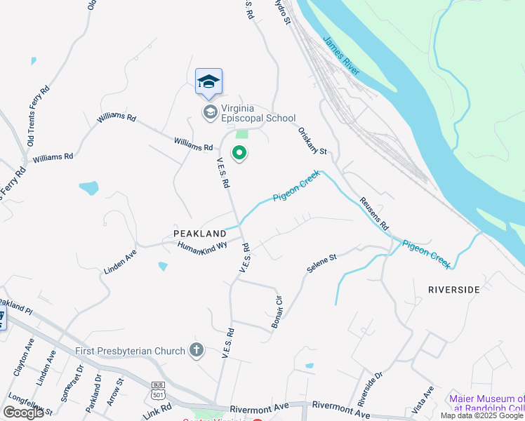 map of restaurants, bars, coffee shops, grocery stores, and more near North Street in Lynchburg