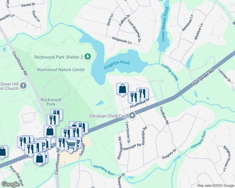 map of restaurants, bars, coffee shops, grocery stores, and more near 9342 Amberleigh Circle in Richmond