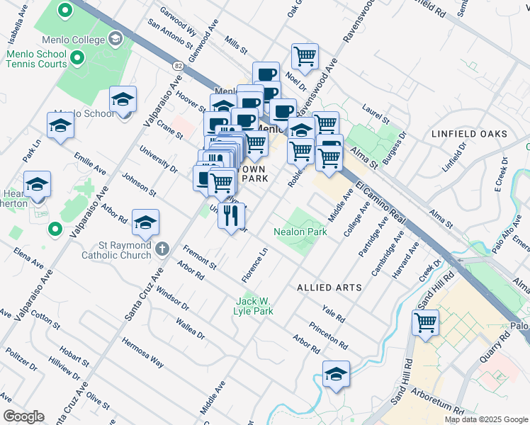 map of restaurants, bars, coffee shops, grocery stores, and more near 850 Roble Avenue in Menlo Park