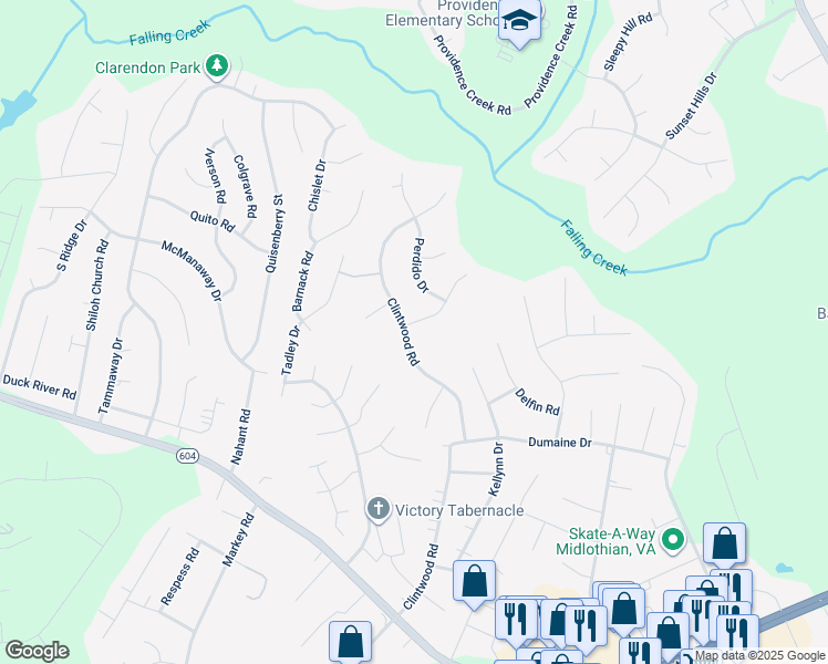 map of restaurants, bars, coffee shops, grocery stores, and more near 11441 Gravier Road in Midlothian