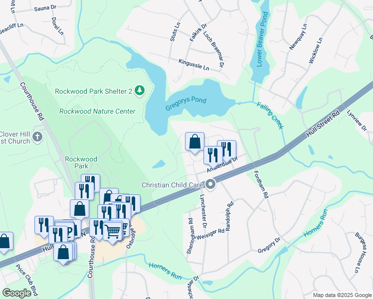 map of restaurants, bars, coffee shops, grocery stores, and more near 9342 Amberleigh Circle in Richmond