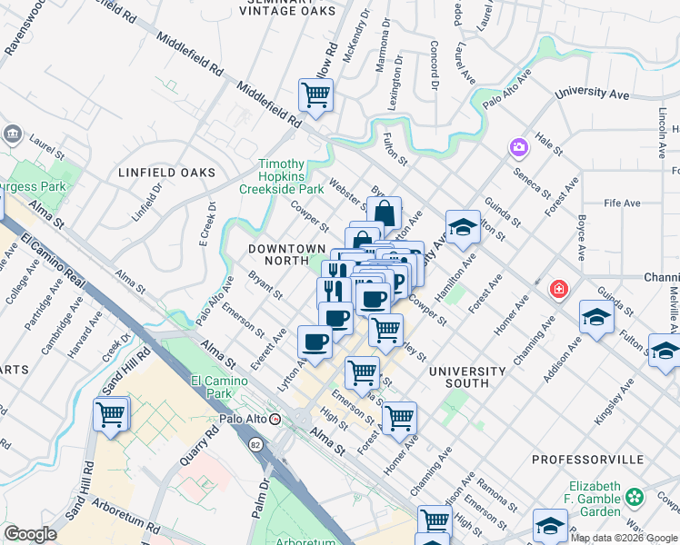 map of restaurants, bars, coffee shops, grocery stores, and more near 312 Kipling Street in Palo Alto