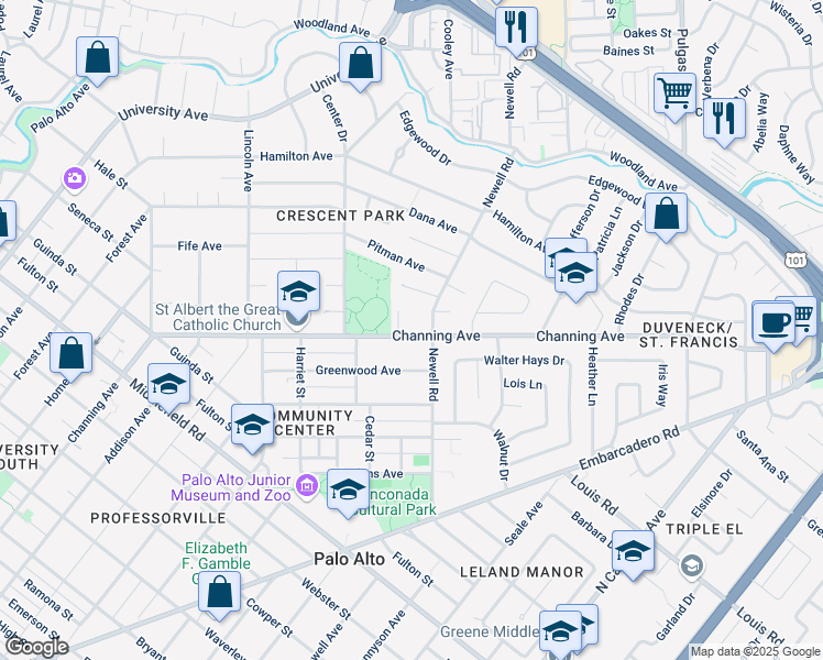 map of restaurants, bars, coffee shops, grocery stores, and more near 1435 Channing Avenue in Palo Alto