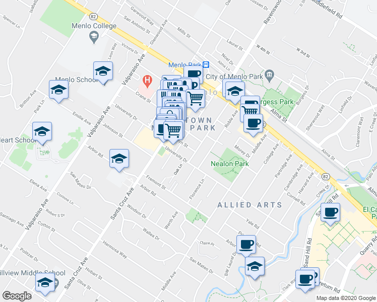 map of restaurants, bars, coffee shops, grocery stores, and more near 935 Evelyn Street in Menlo Park