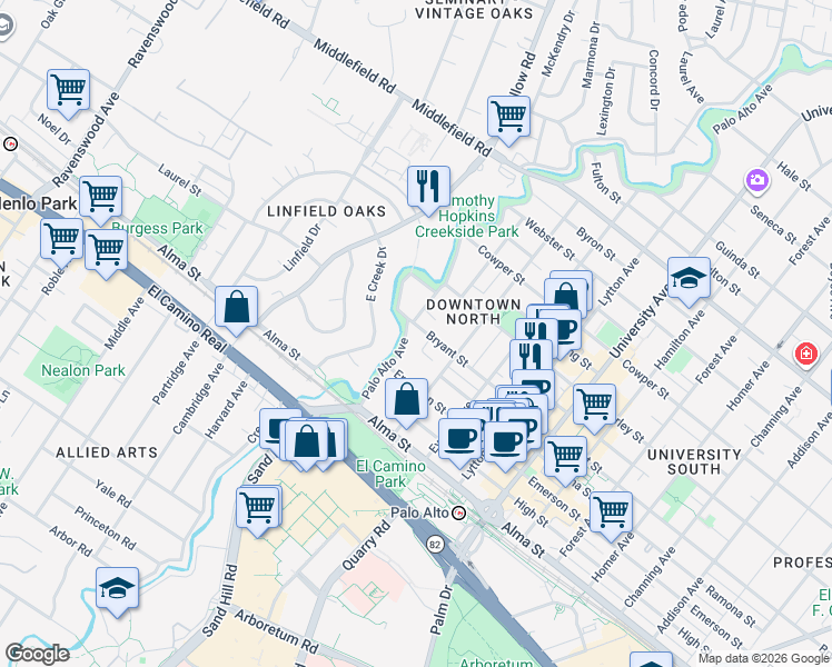 map of restaurants, bars, coffee shops, grocery stores, and more near 154 Bryant Street in Palo Alto