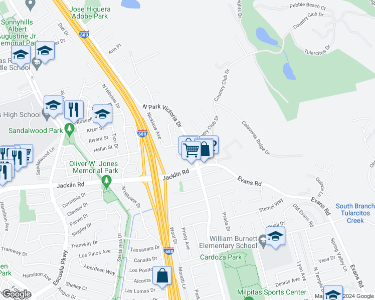 map of restaurants, bars, coffee shops, grocery stores, and more near 1181 Fox Hollow Court in Milpitas