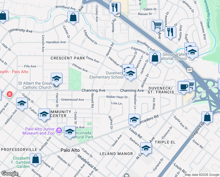 map of restaurants, bars, coffee shops, grocery stores, and more near 1595 Channing Avenue in Palo Alto