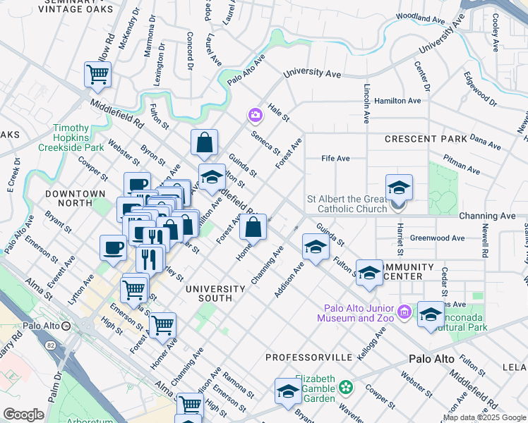 map of restaurants, bars, coffee shops, grocery stores, and more near 743 Homer Avenue in Palo Alto