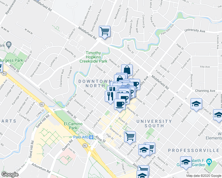 map of restaurants, bars, coffee shops, grocery stores, and more near in Palo Alto