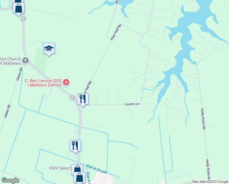 map of restaurants, bars, coffee shops, grocery stores, and more near 78 Sassy Lane in Mathews