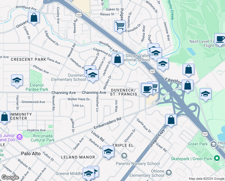map of restaurants, bars, coffee shops, grocery stores, and more near 1813 Channing Avenue in Palo Alto