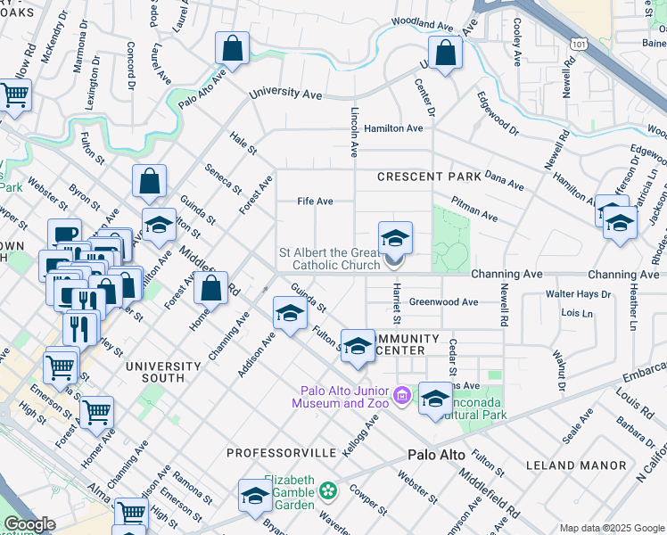 map of restaurants, bars, coffee shops, grocery stores, and more near 961 Channing Avenue in Palo Alto