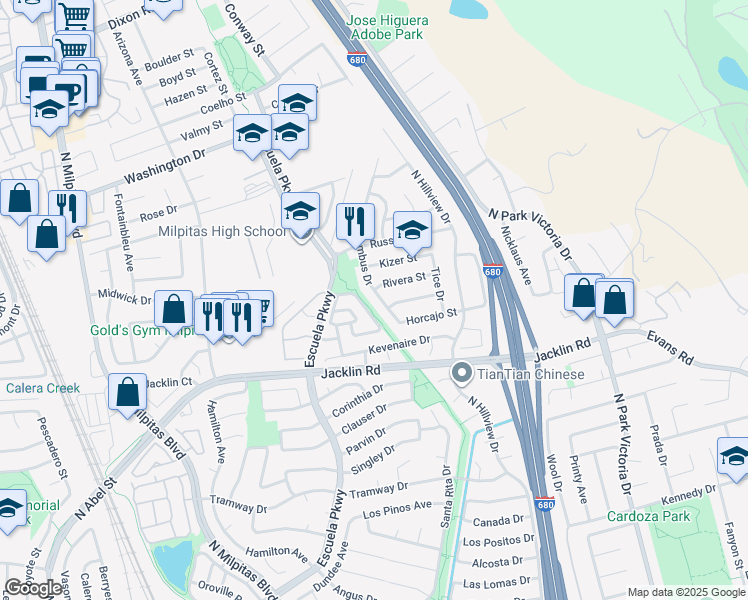 map of restaurants, bars, coffee shops, grocery stores, and more near 1087 Columbus Drive in Milpitas