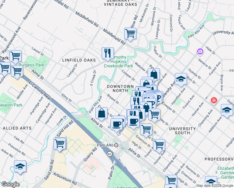 map of restaurants, bars, coffee shops, grocery stores, and more near 356 Hawthorne Avenue in Palo Alto