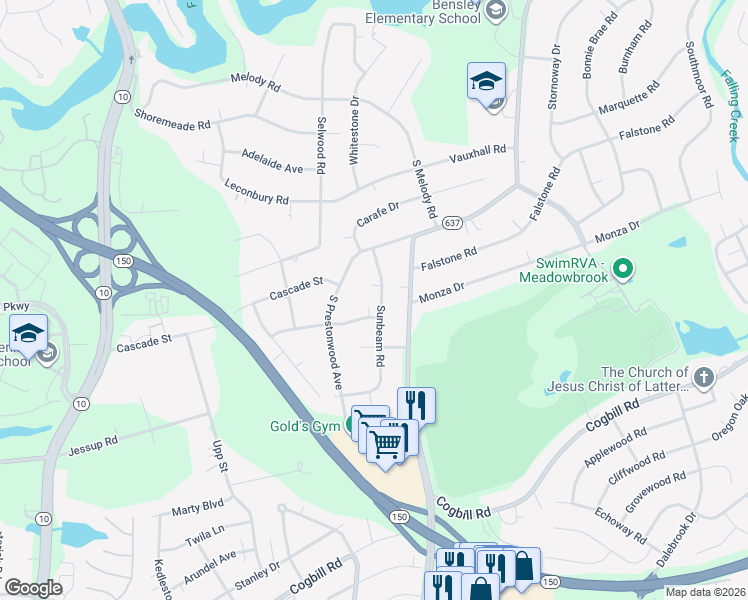 map of restaurants, bars, coffee shops, grocery stores, and more near 5310 Sunbeam Road in Richmond