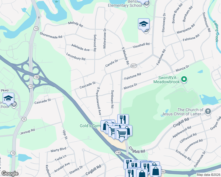 map of restaurants, bars, coffee shops, grocery stores, and more near 5310 Sunbeam Road in Richmond