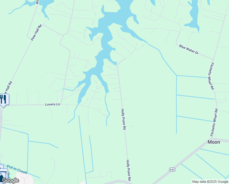 map of restaurants, bars, coffee shops, grocery stores, and more near Holly Point Road in Mathews