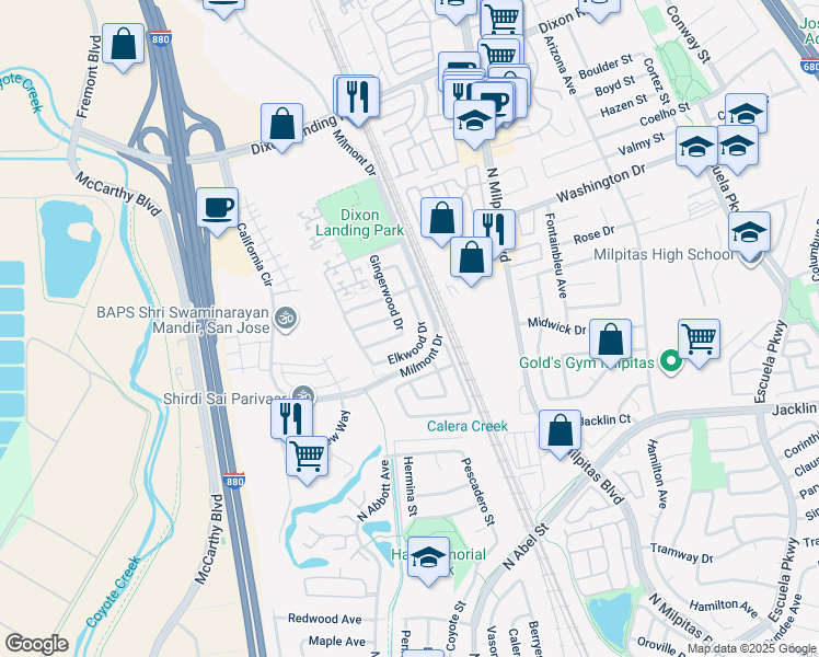 map of restaurants, bars, coffee shops, grocery stores, and more near 1288 Gingerwood Drive in Milpitas