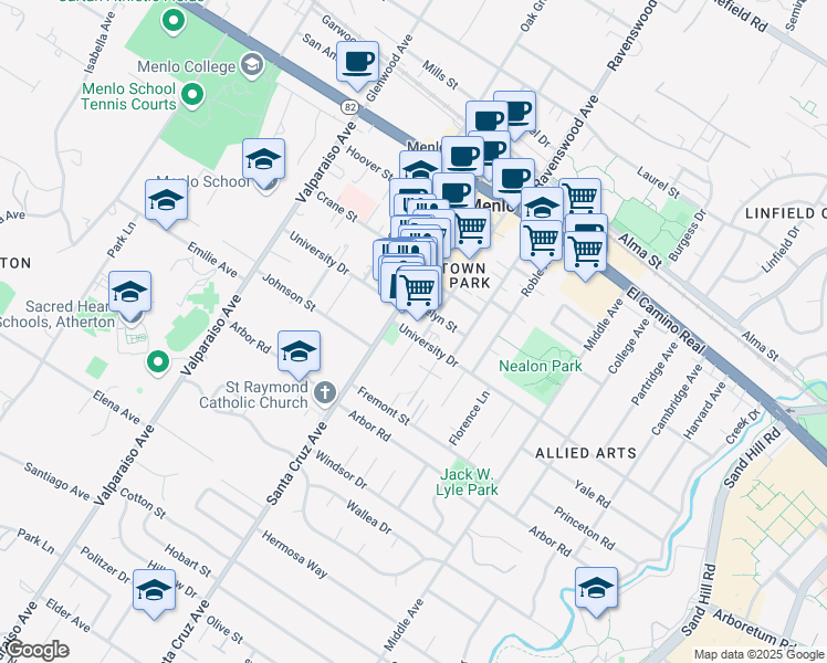 map of restaurants, bars, coffee shops, grocery stores, and more near 1010 University Drive in Menlo Park