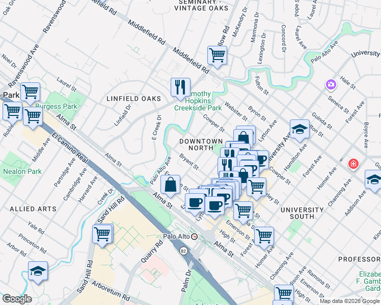 map of restaurants, bars, coffee shops, grocery stores, and more near 177 Bryant Street in Palo Alto