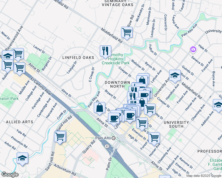 map of restaurants, bars, coffee shops, grocery stores, and more near 177 Bryant Street in Palo Alto