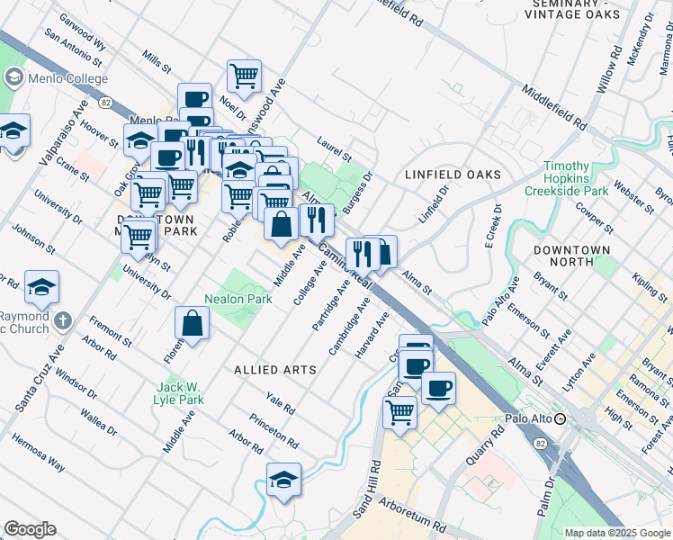 map of restaurants, bars, coffee shops, grocery stores, and more near 631 College Avenue in Menlo Park