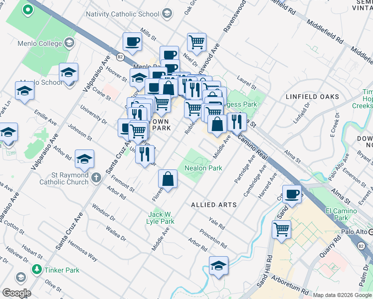 map of restaurants, bars, coffee shops, grocery stores, and more near in Menlo Park
