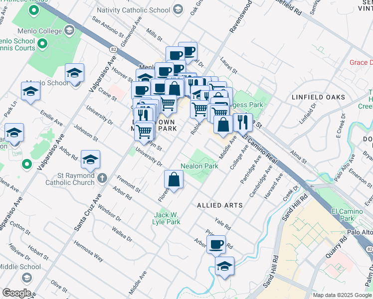 map of restaurants, bars, coffee shops, grocery stores, and more near 815 Roble Avenue in Menlo Park