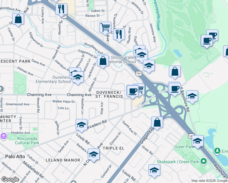 map of restaurants, bars, coffee shops, grocery stores, and more near 1916 Ivy Lane in Palo Alto