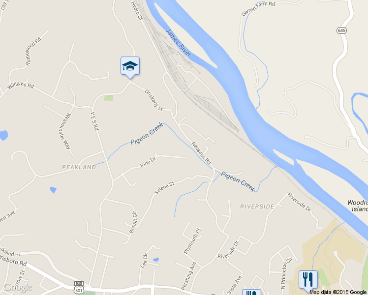 map of restaurants, bars, coffee shops, grocery stores, and more near 551 Buckner Drive in Lynchburg