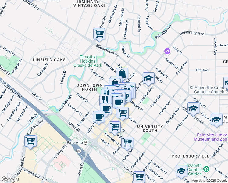 map of restaurants, bars, coffee shops, grocery stores, and more near 335 Kipling Street in Palo Alto