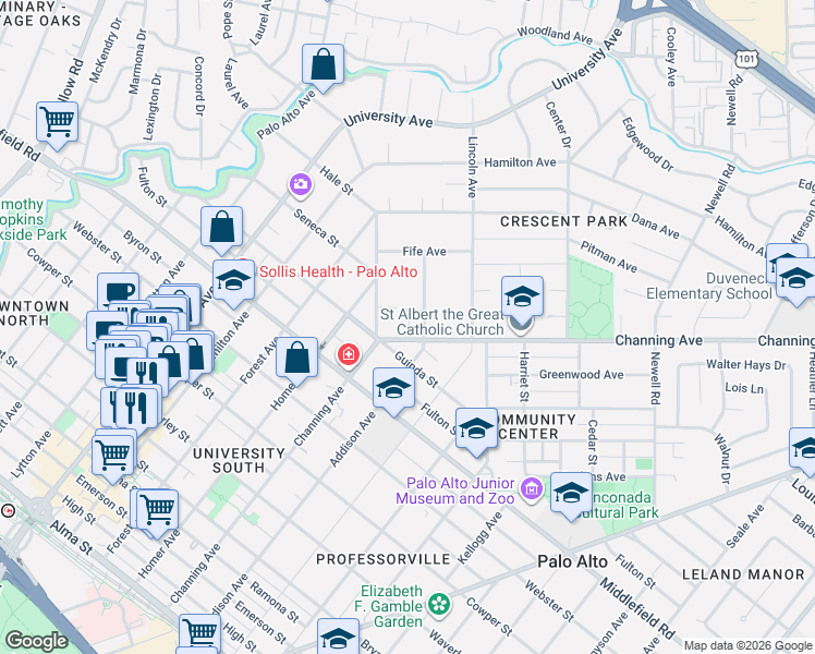 map of restaurants, bars, coffee shops, grocery stores, and more near 857 Channing Avenue in Palo Alto