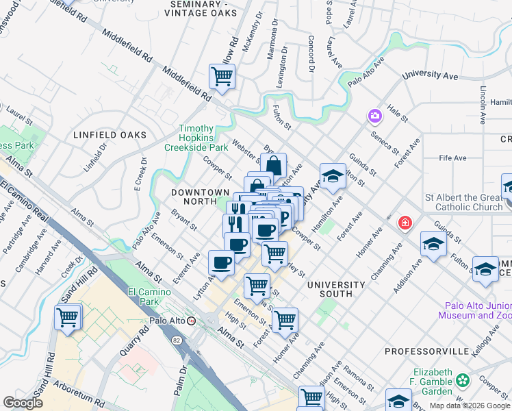 map of restaurants, bars, coffee shops, grocery stores, and more near in Palo Alto