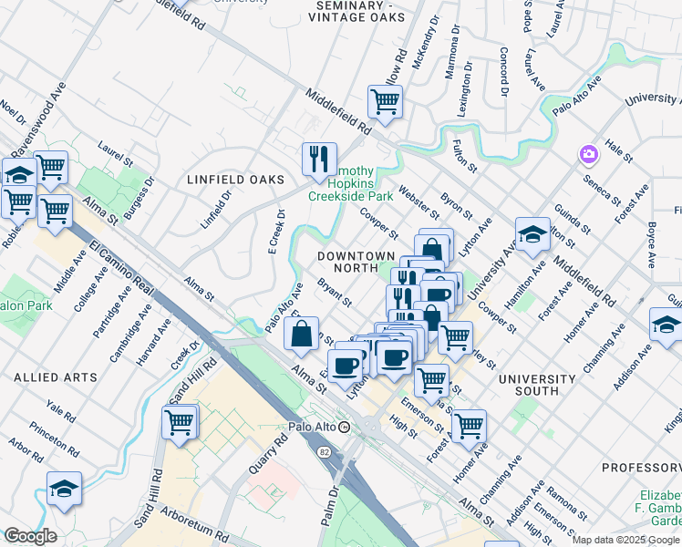map of restaurants, bars, coffee shops, grocery stores, and more near 177 Bryant Street in Palo Alto
