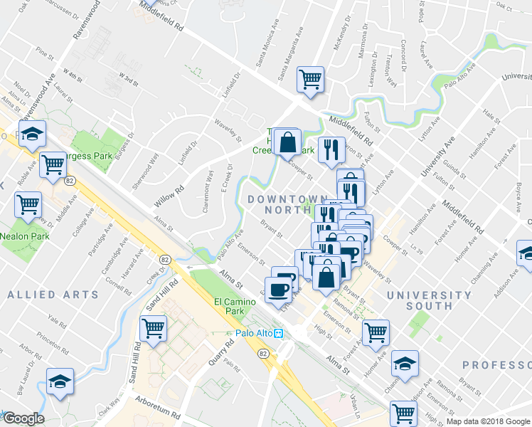 map of restaurants, bars, coffee shops, grocery stores, and more near 177 Bryant Street in Palo Alto