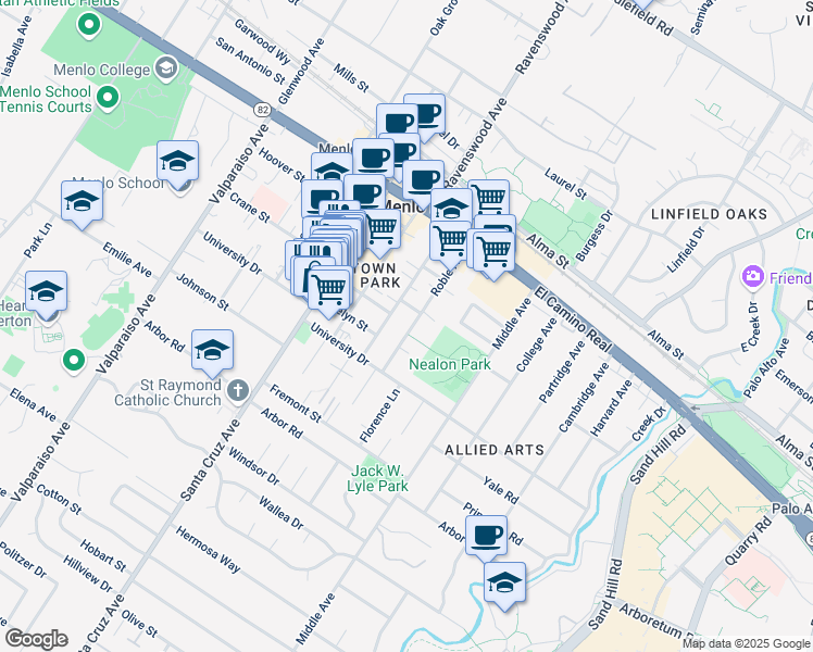 map of restaurants, bars, coffee shops, grocery stores, and more near 844 Roble Avenue in Menlo Park