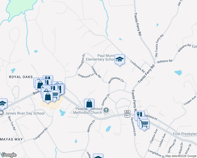 map of restaurants, bars, coffee shops, grocery stores, and more near 1604 Dogwood Lane in Lynchburg