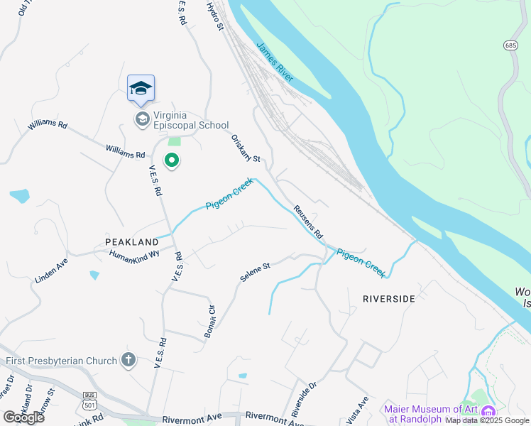 map of restaurants, bars, coffee shops, grocery stores, and more near 540 Buckner Drive in Lynchburg