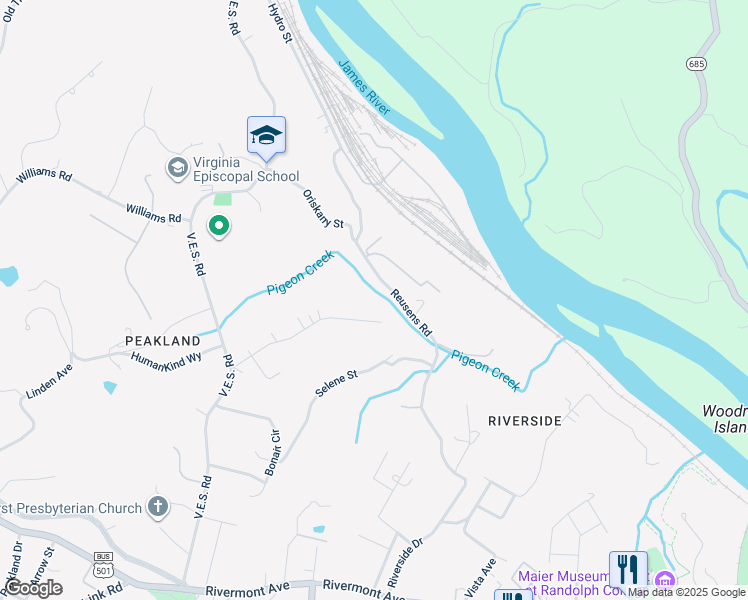 map of restaurants, bars, coffee shops, grocery stores, and more near 551 Buckner Drive in Lynchburg