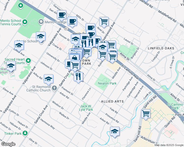 map of restaurants, bars, coffee shops, grocery stores, and more near 838 Roble Avenue in Menlo Park